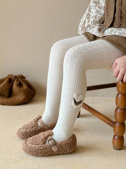 1 Pair Of Girls' Tights With Heart-Shaped Patches, Knitted Fabric, Sweet Retro Style, Children's Tights Suitable For Daily School And Leisure Time