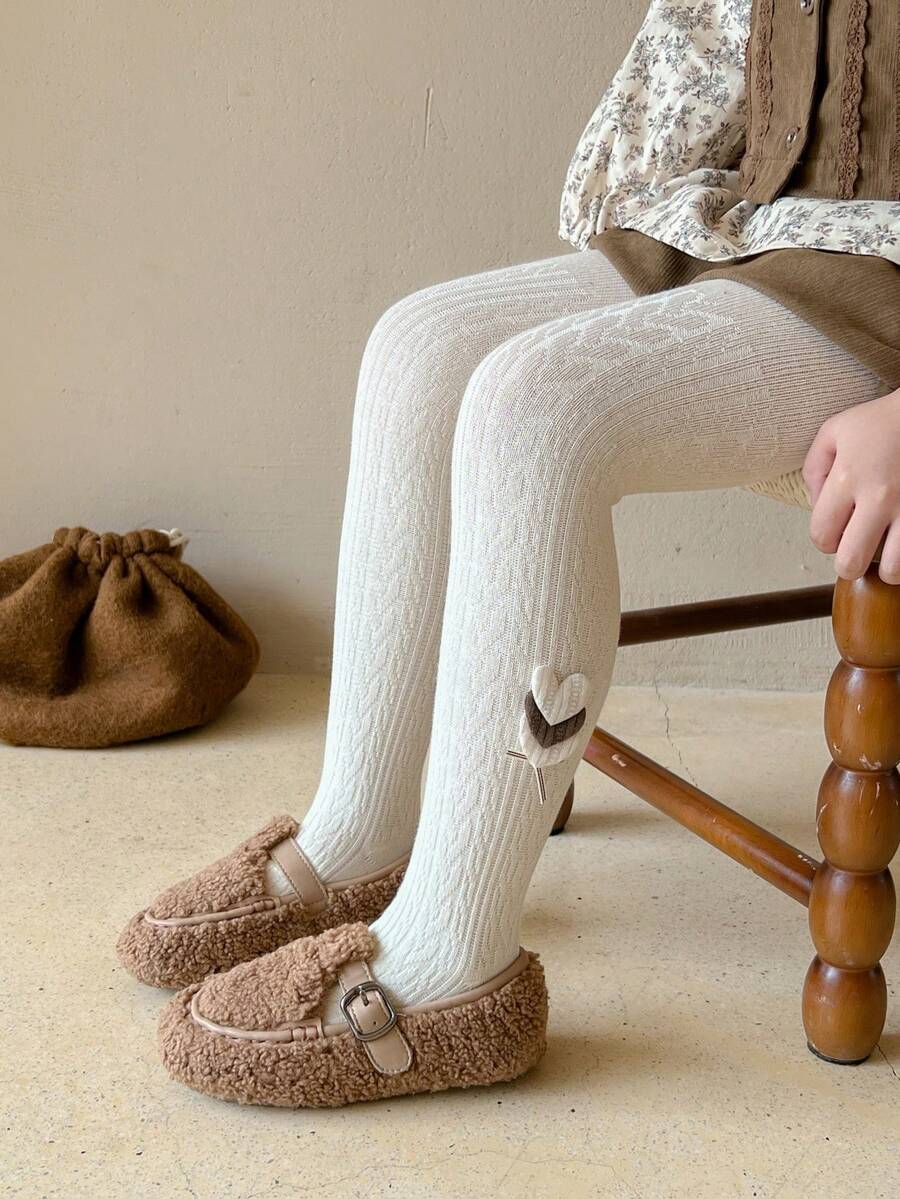 1双女童心形贴片紧身裤，针织面料，甜美复古风格，适合日常上学和休闲的儿童紧身裤 - 白色 - 查看 1