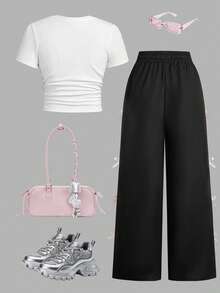 2pcs/Set Tween Girls Letter Graphic T-Shirt And Drawstring Casual Pants Outfit - White - View 2