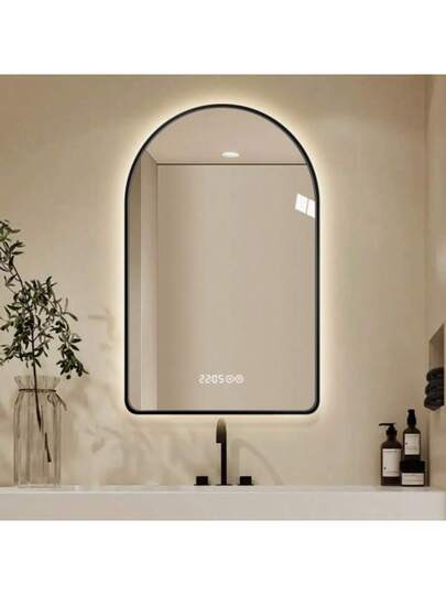 60 120 Cm Arched LED Bathroom Mirror, Time Temperature Display, Backlit, Anti Fog, Dimmable, Three Temperatures Moderne Vanity Ideal Above The Sink, Zwart Frame