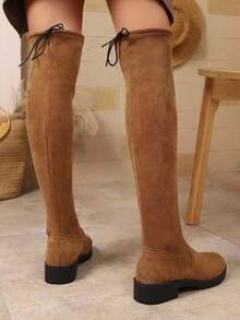 Bottes hautes à la mode pour femmes, bottes en tissu élastique de couleur unie, style de boîte de nuit, nouveau design pour femmes, convient pour la maison, le bureau, l'automne/l'hiver - Tabac - Voir 5