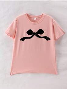 女童夏季宽松短袖T恤短裤套装（2件套），休闲简约风格，适合上学/运动/户外活动 - 粉色 - 查看 10