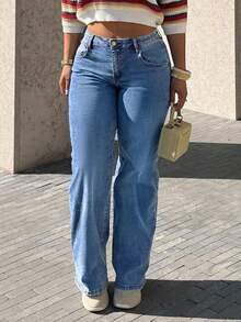 Women's Insert Pocket Loose Casual Basic Straight Jeans - Medium Wash - View 2