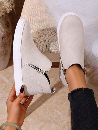 Women's Thermal Lined Flat Shoes, Fashion Versatile Soft Sole Non-Slip Lightweight Side Zipper Solid Color Casual Shoes, New Winter Style