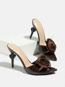 Women's High Heels, Glamorous Rose, Spring/Summer Party, Luxurious 3D Holographic Floral Heart-Shaped Heel, Wide Toe, High-End Mirror Lacquered Leather Texture, Refined Soft Material, Mature Elegant Coffee Brown Sexy Romantic Fashion High Heel Sandals, Pointed Toe Electroplated Stiletto Mules, Suitable For Nightclub, Banquet, Runway, Commute, Office, Outdoor, Dating, Valentine's Day, Mother's Day, Women's Day, Gift - Coffee Brown - View 6