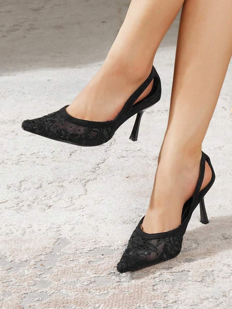 1 Pair Elegant Fabric Embroidered Mesh Splice Fashion High Heel Pumps, Pointed Toe Stilettos, Suitable For Wedding, All Seasons - Black - View 1