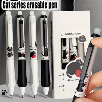 Set de bolígrafos borrables de empuje tipo neutral: 4 piezas de la serie Gato Negro con punta ST de 0,5 mm de alta estética, útiles de papelería para estudiantes, con agarre para corregir la postura de escritura, adecuados para estudiantes y profesores