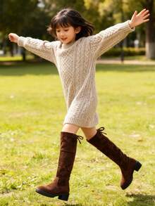 A Pair Of Stylish Over-The-Knee Boots For Girls, Including Black Boots For Girls And Brown Knee-High Boots For Teens. Suitable For Children's Daily Shopping Wear In Autumn And Winter.Parent-Child Outfit