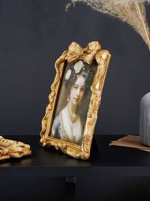 1 szt. Prostokątna dekoracyjna ramka na zdjęcia w stylu europejskim ze złotą kokardą, wygodna ramka do ekspozycji zdjęć na biurku, uniwersalna ramka do dekoracji domu, do montażu na ścianie lub stole, odpowiednia do zdjęć rodzinnych, dekoracji świątecznych i rekwizytów fotograficznych