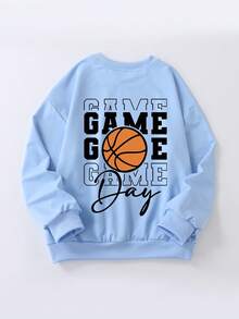 Tween Boys Casual Sporty Style Basketball Pattern Round Neck Long Sleeve Sweatshirt Autumn And Winter Student Boys Clothes - Blue - View 3