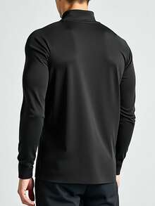 男士半拉链健身套头衫，适合锻炼、健身房、运动，长袖压缩肌肉贴身T恤 - 黑色 - 查看 2