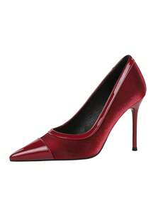 女士尖头缎面拼接超高跟正装鞋，纤细优雅派对高跟鞋 - 酒紅色 - 查看 9
