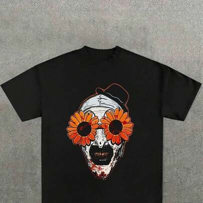 C-AmiS-eta de talla grande para hombre, con estampado de "Art The Clown Terrifier 2 SuN-FLower Sungla-sses"  unidad), 100 % aL-Godón, cuello redondo, manga corta, aL-Godón de 220 g, iD-eal para salir, regalo, verano, uniS-ex.Camiseta 100 % algodón para hombre de 2799 g - Calidad prémium. Adecuada para todo tipo de personas, ya sean mujeres o hombres. Tejido duradero de alta calidad apto para todas las estaciones, suave al tacto pero duradero. Tops transpirables. Conjuntos de otoño para mujer. Conjuntos de vacaciones para mujer. Disfraz de Halloween para mujer.