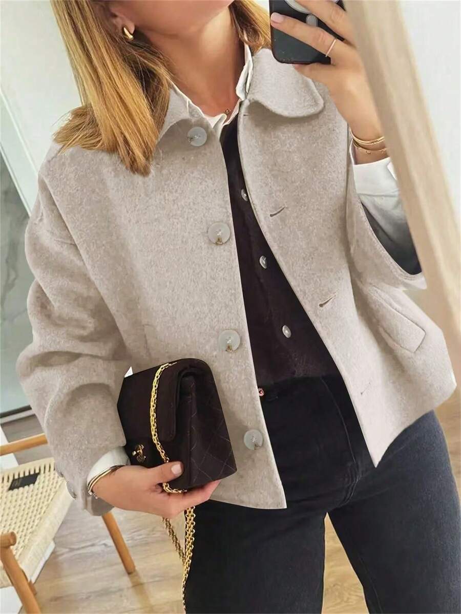 Women's Elegant Brown Jacket - Classic Button Design, H-Line Tailored Blazer Fall - Beige - View 1