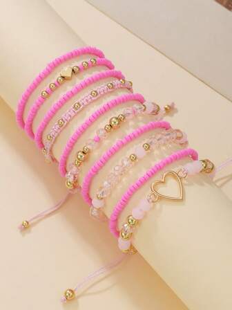 10颗粉色米珠、玻璃珠、CCB心形弹力手链套装，适合送给家人、朋友，日常佩戴，亦可作为礼物。