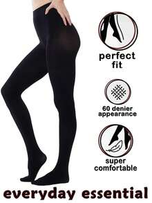 1 Pair Women's 80D Soft Solid Color Semi-Opaque High-Rise Leggings, Black Minimalist Solid Color Tights, Suitable For Daily Wear Christmas Gift - 黑色 - 查看 2