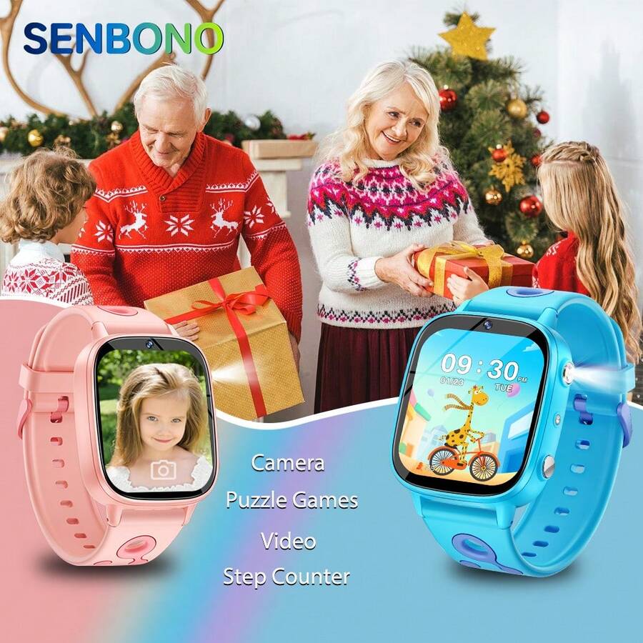 SENBONO Reloj inteligente SENBONO con pantalla HD de 1.8 pulgadas, batería de 500 mAh de larga duración, linterna LED, cámara/álbum de fotos, reproducción/grabación de video, reproducción de MP3, historias, aprendizaje de vocabulario e incluye 26 juegos incorporados, convirtiéndolo en un regalo de cumpleaños adecuado para niños y niñas, para Halloween y Navidad, reloj inteligente para niños, reloj con cámara para niños, accesorio de fotografía, fiesta