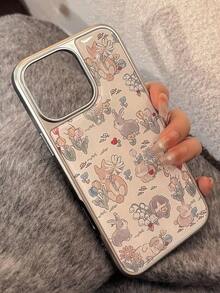 GUCADI 1pc Diseño de Conejo de Flores con Borde Plateado Funda de Teléfono de Carcasa Dura con Recubrimiento de Epoxi Compatible con la Serie Apple 16/15/14/13 - Multicolor - Ver 5