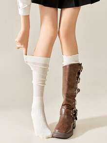 2 Pairs Women's Socks, Autumn/Winter, Suitable For Riding Boots, Fashion Solid Color Ruffle Trim Over,The,Knee Socks, Cozy Socks - Multicolor - View 5