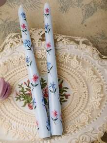 2Pcs Flower Printed Long Stem Candles,Romantic European Style Smokeless Odorless Candles For Weddings, Birthdays,Party,Candlelight Dinner,Home Decoration
