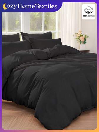 2/3 piezas Juego de Funda Nórdica de unicolor, Juego de Ropa de Cama 100% Algodón, Suave y Transpirable, Amigable con la Piel, Anti-Pelusas, Textil de Moda para el Hogar, Adecuado para la Decoración del Dormitorio. El Juego de Funda Nórdica Negra Incluye Funda Nórdica y Funda de Almohada(s), Excluyendo el Edredón, Adecuado para Todas las Estaciones, Lavable a Máquina, Aplicable para Cama, Boda, Dormitorio, Decoración de Otoño, Decoración del Dormitorio, Artículos para el Hogar.