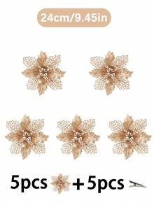 1 件/5 件/10 件/20 件闪光一品红圣诞花，适用于圣诞树和花环装饰，直径 3.5 英寸/5.9 英寸/9.45 英寸（带夹子），圣诞节节日装饰，新年派对用品（颜色：香槟金），圣诞节 - 香檳色 - 查看 17