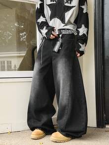 男士拼接阔腿牛仔裤，休闲街头风哥特设计筒状裤腿，四季皆宜 - 黑色 - 查看 7