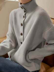 Women's Spring Casual Solid Color Single-Breasted Stand Collar Long Sleeve Knitted Cardigan, Elegant Minimalist Fashion Sweater Jacket With Pockets, Versatile Commuting And Street Style Outerwear - Light Grey - View 3