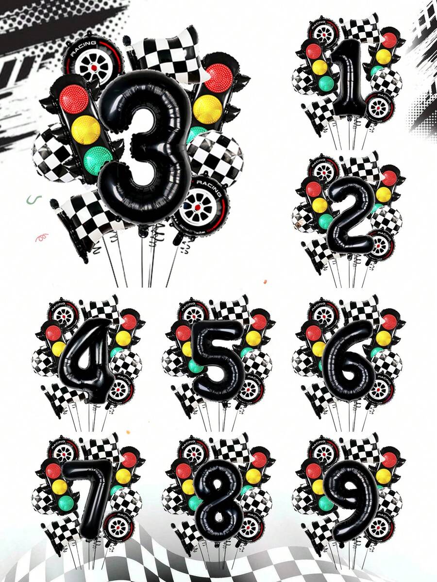 9件組交通燈主題生日氣球,包含交通燈、賽車旗、1-9數字鋁箔氣球,適用於交通主題、生日派對裝飾、賽車派對主題、慶祝派對 - 彩色 - 查看 1