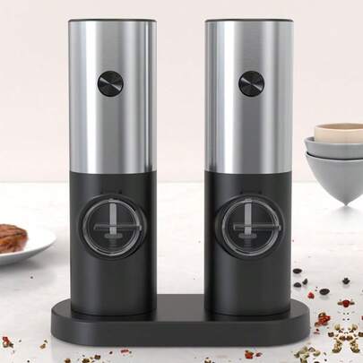 Electric Salt And Pepper Grinder With Base, Stainless Steel Electric Pepper Mill, Electric Salt And Pepper Grinder, Fully Automatic Black Pepper Grinder, White Pepper Grinder, Convenient And Durable, Elegant Electric Grinder Suitable For Home Kitchen, Parties And Dinners, Available Year-Round, Battery Powered