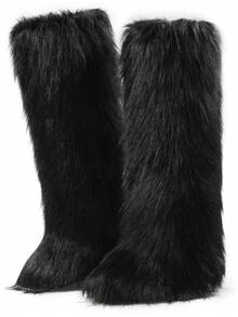 Women Fashionable Winter Christmas Furry Knee High Long Boots Pull-On Faux Fur Round Toe Boots Warm Knee High Boots Outdoor Flat Shoes Party Casual Winter Fall Boots - màu đen - Xem 3
