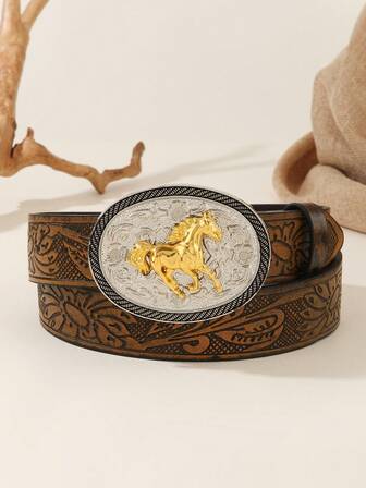 Hebilla de cinturón de estilo punk vintage occidental, hebilla lisa - Cinturón de cuero con estampado tropical punk retro para fiesta, de PU, para todas las estaciones