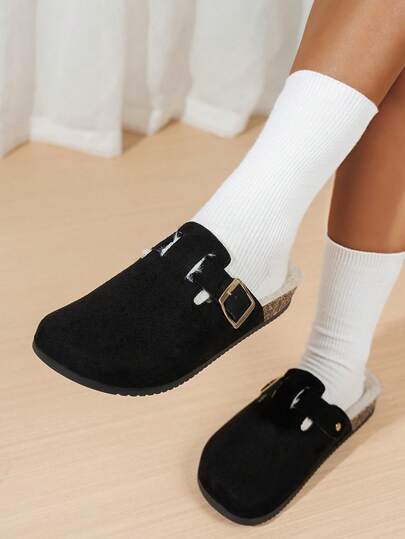 女士时尚新款毛绒一脚蹬拖鞋，单扣，舒适室内/室外，度假，休闲，百搭平底凉鞋