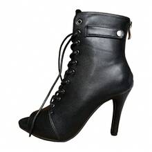 Botas femininas de salto alto de 9,5 cm para dança jazz/moderna, bico aberto, cadarço, zíper traseiro, sola listrada, salto fino, adequadas para festas e bailes. Disponíveis em preto e marrom, adequadas para todas as estações. - Preto fosco - Ver 21