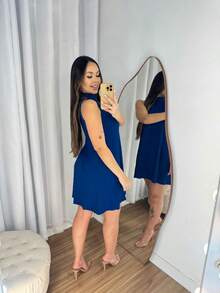 Vestido Básico Gola Alta  Vestido Casual Dia A Dia Vestido Gringa - Azul Marinho - Visão 2