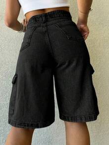 Women's Denim Shorts With Irregular Pockets Bermuda Cargo Shorts With High Waist Pockets Women's  Street Fashion Premium Cotton Fabric - 深灰色 - 查看 2