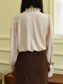 Simple Retro Polyester Pusher Long Sleeve Ruffled Turtleneck Shirt - Apricot - View 2