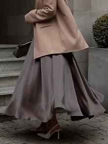 EARO Falda de satén de unicolor para mujer de talla grande, de moda, de alta gama, versátil y elegante para la primavera - gris marrón - Ver 4