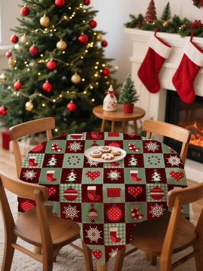 1 stuk kerst rond tafelkleed, wasbaar, zacht en duurzaam, kerstboom, sneeuwvlok, rendier bedrukt, digitaal bedrukt, kerstdecoratie voor eettafel, bureau, rond, gevuld met kerstsfeer