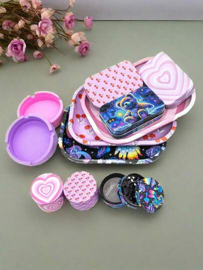 Set de plateau roulant motif mignon avec broyeur, cendrier, boîte de rangement et plateau - portable, facile à nettoyer, facile à utiliser, multifonctionnel, durable, adapté à un usage quotidien et aux fournitures de nettoyage. Plateau décoratif, pour les réunions à la maison ou les voyages, cadeau de fête