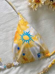 Women's Bohemian Style Backless Halter Tie Bikini Set, Sun And Star Print High Elastic Fabric, Suitable For Beach Vacation, Pool Party And Summer Outing - Multicolor - View 5