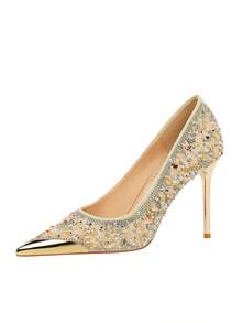European & American Style Pointed Toe Rhinestone Embellished Slip-On High Heel Pumps, MetallWomenens Party Shoes