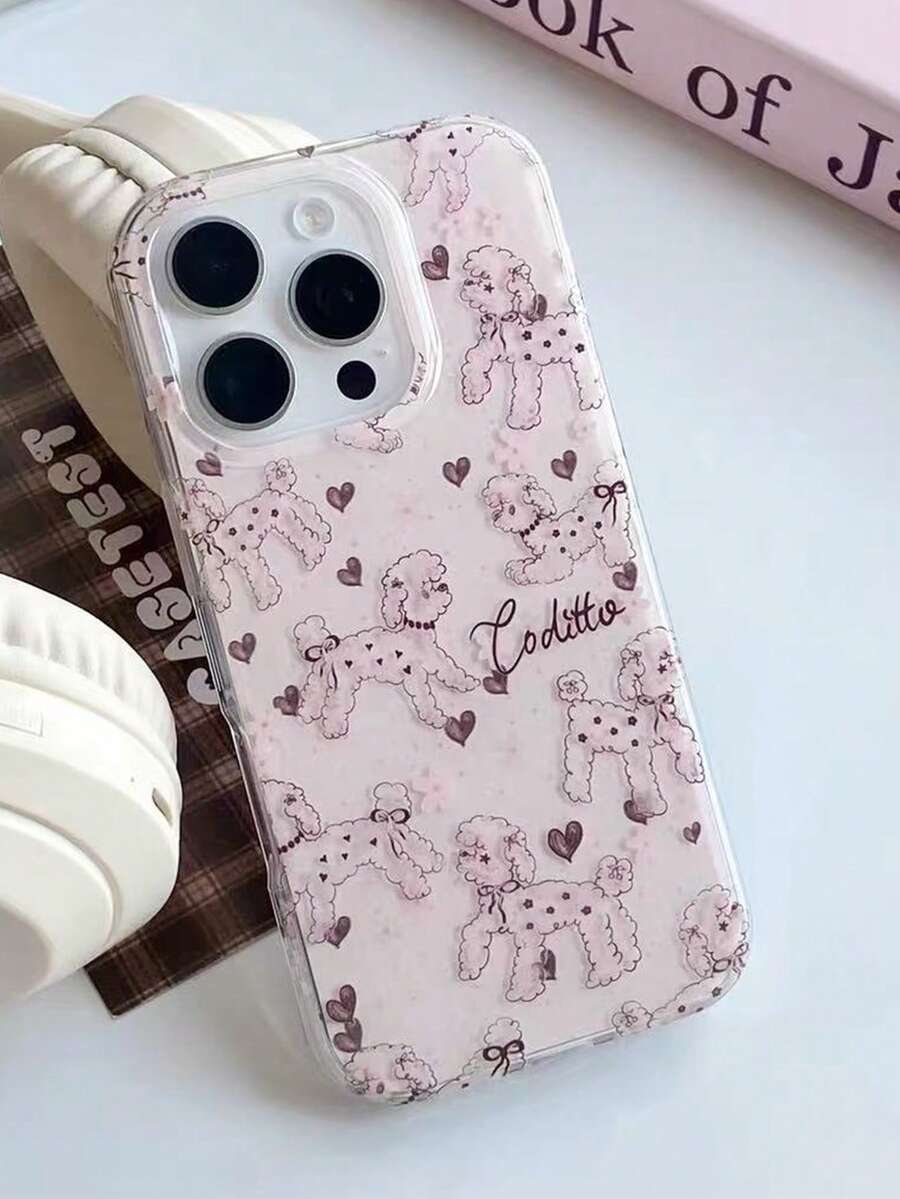Cute Poodle & Heart Print Double Layer Phone Case, Compatible With Iphone 17 Pro Max, 16 Pro/15 Pro Max, New 14 Pro, Creative 13 Pro Max, 13/12/11, Full Coverage Anti-Fall Protective Cover - Pink - View 1