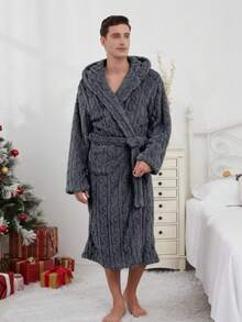1pc Soft & Comfortable Jacquard Fleece Long Hooded Bathrobe With Pockets, Unisex, Autumn/Winter, Fluffy, Cozy