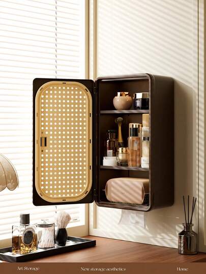 A Mid-Century Style Side-Opening Tissue Box, Storage Box, Storage Bin, Daily Household Chinese-Style Retro Rattan Tissue Box, Wall-Mounted Storage, Cosmetics Storage Box, Punch-Free Storage Box, Suitable For Toilets, Living Rooms, Kitchens, And Bedrooms