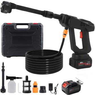 Portable Cordless Pressure Washer - Battery Powered With 6-In-1 Nozzle And 16-Foot Hose | Handheld Power Washer - Perfect For Car Cleaning, Floor/Wall/Fence Scrubbing, Garden Watering, Patio Work, And Outdoor Furniture Washing