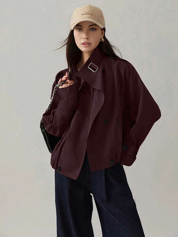 Women's Petite Casual Fashion Turndown Collar Hem Elastic Waist Short Trench Coat, Versatile For Daily Wear, Autumn, Christmas, Thanksgiving