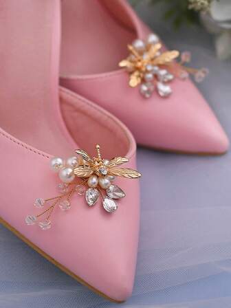 1对（2个）仿珍珠水钻鞋夹，金属叶片设计，女士高跟鞋、平底鞋、婚礼、派对、舞会鞋饰