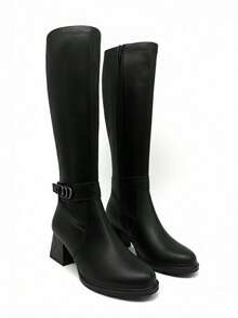 Women's Solid Color High Heel Versatile Fashion Mid-Calf Boots, Suitable For Autumn/Winter - Black - View 2