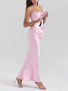 优雅性感露背美人鱼修身正式礼服，适合晚宴、鸡尾酒会、婚礼宾客、万圣节、圣诞节等场合，粉色系春季款 - 粉色 - 查看 2